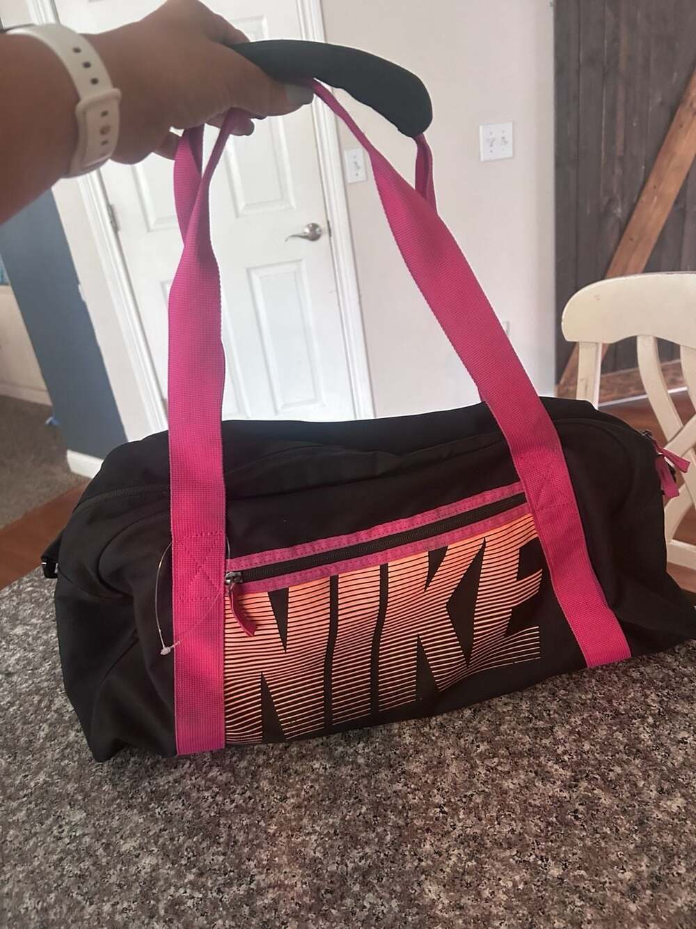 Vintage Nike Black and Pink Graphic Logo Duffel Bag